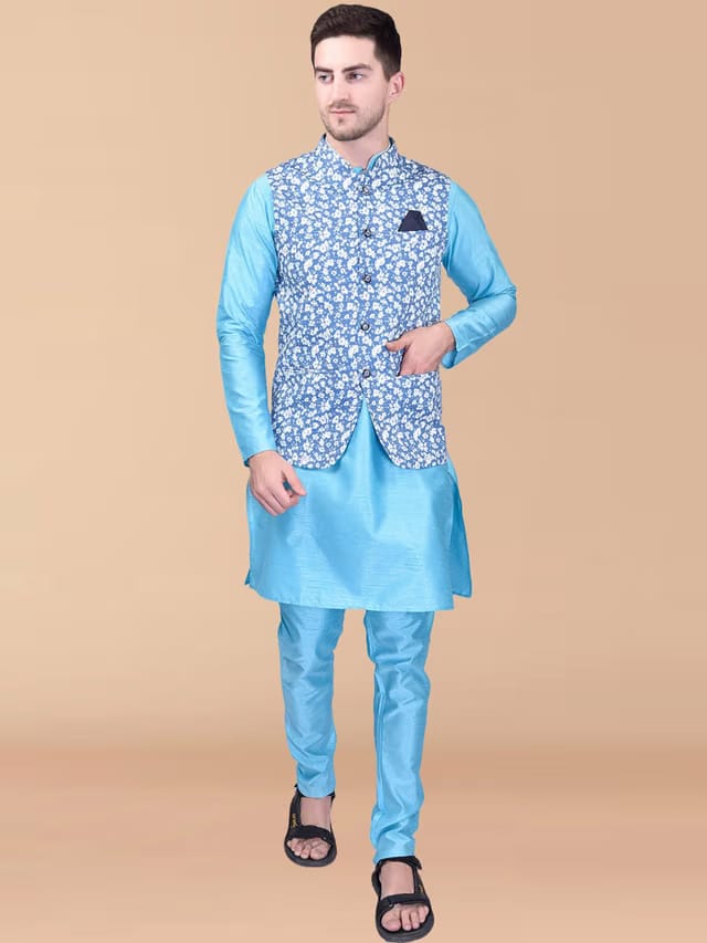 PRINTCULTR Mandarin Collar Pure Silk Straight Kurta With Pyjamas & Nehru jacket