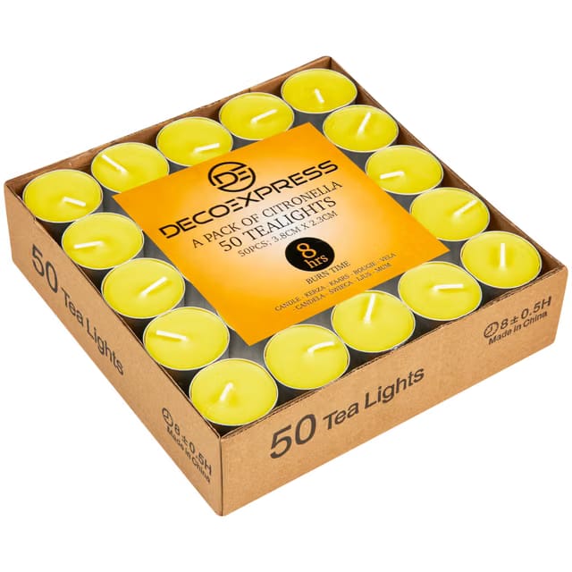 Deco Express Citronella Tealight Candles Multipack of 50 or 100-4 or 8 Hours Burning Time Outdoor Candles