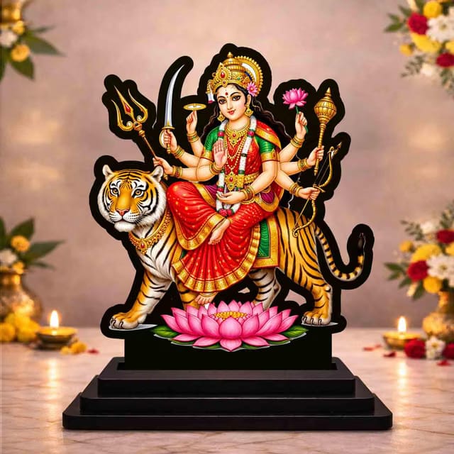 Maa Durga Wooden MDF Printed Idol with Stand, 4 x 5 Inch, Pooja Room Decor, Home Temple Mandir Decoration