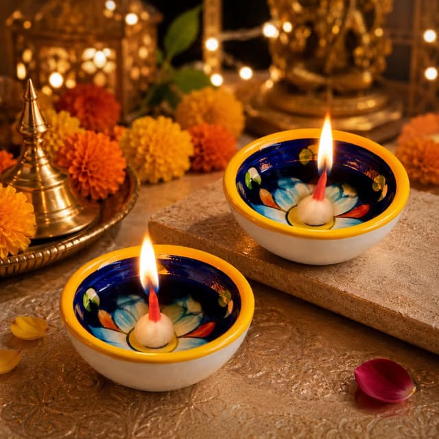 Golden Peacock Jaipur Blue Pottery Ceramic Diya, Hand Painted