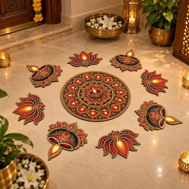 MDF Floor Rangoli Set of 9 – Traditional Diya Lotus Design