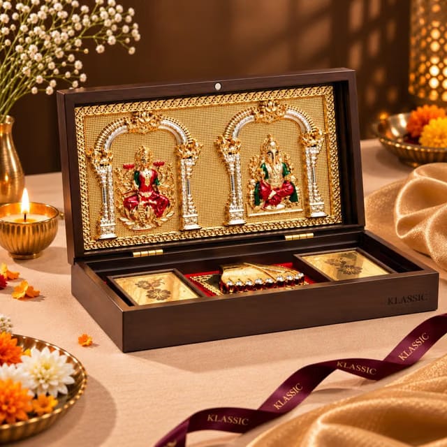 Klassic Lakshmi Ganesh Shubh Labh Gold Plated Mini Pooja Box