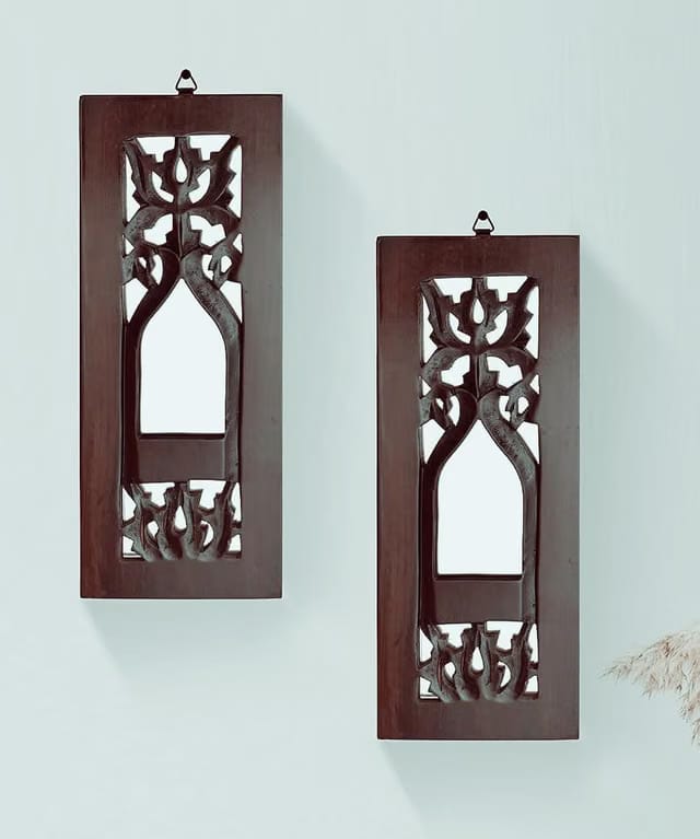 Wood Painted Wall Hanging Jharokha Inside Mirror, Wooden Wall Hanging