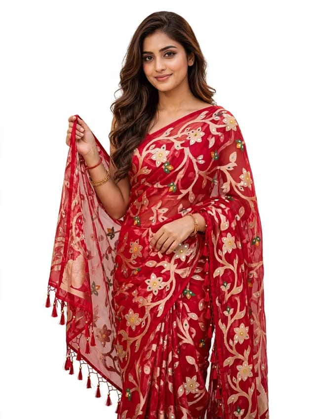 Mirror Work Jamdani Banarasi Silk Saree