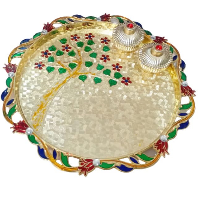 Plastic P.A.Designer & Meenakari Diwali Pooja Thali Set With 2 Rolli Chawal Holder/Haldi Kumkum Box For