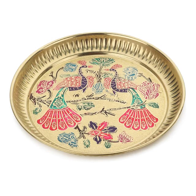 Brass Golden Color Peacock Design Plate for Pooja Home Decorative Brass Pooja Thali Elegant Mor Pattern Traditional Use
