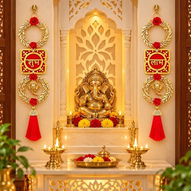 SL-08 Red Shubh Labh for Door Entrance (1 Pair), Golden Side Door hangings, Shubh Labh Door Hanging, Door Tags
