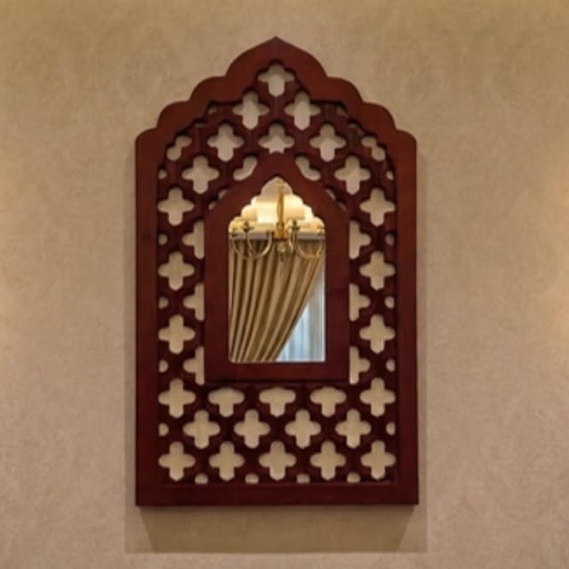 Nandni Homeware Handcrafted Traditional Brown Mughal MDF Wooden Mirror Jharokha Wall Art