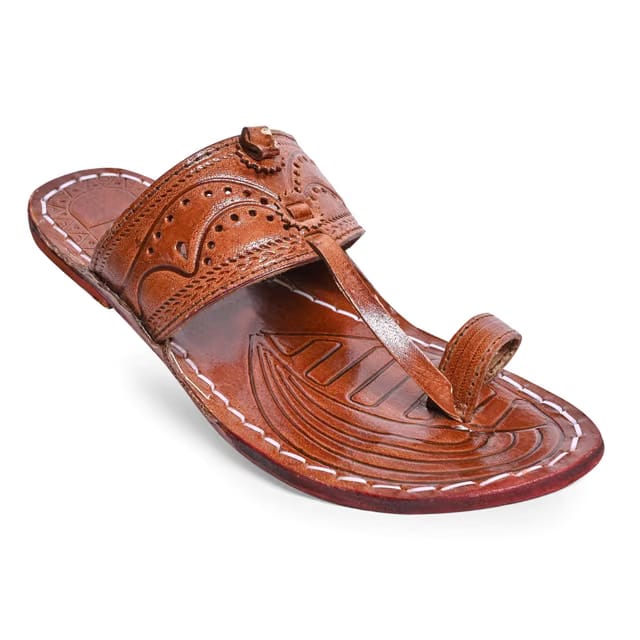 Men’s Luxury Handcrafted Genuine Leather Kolhapuri Slippers -B- E43 BROWN