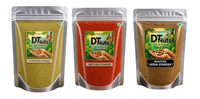 DT Nuts Coriander Powder, Red Chilli Powder and Roasted Cumin Powder, 250g Each