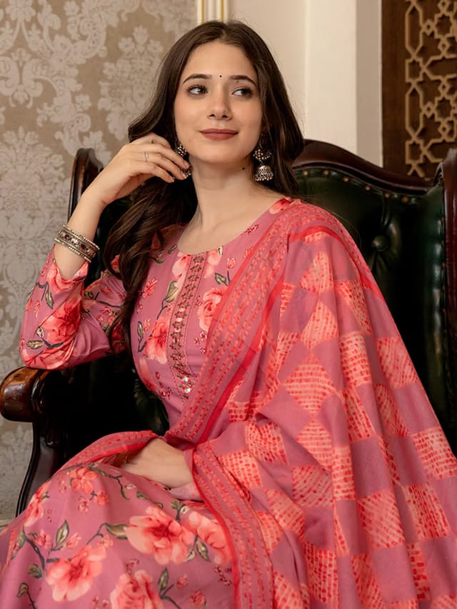 Floral Printed Mirror Work Straight Kurta With Trousers & Dupatta