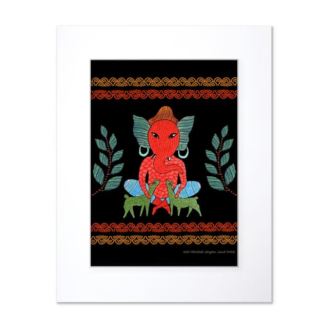 Festive Ganesha Gond Art painting for wall decoration (Unframed) with Mount