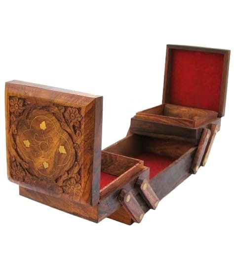Handcrafted Wooden Jewellery Box with Brass Inlay, Foldable
