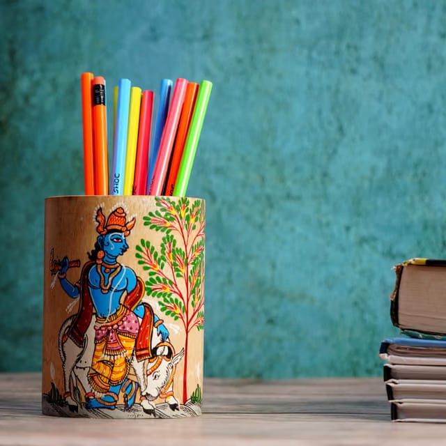 Handicraft Krishna Pattachitra Pen Stand, Pencil Holder Use For home decor, office, study table