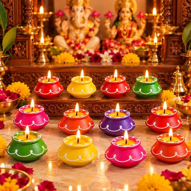 TIED RIBBONS Pack of 10 Clay Diya Set - Matki Shape Teracotta Diyas Set Waxed Filled Mitti Diya Earthen Diya's Combo