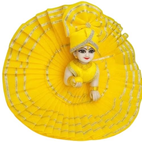 Designer Laddu Gopal Cotton Dress, Yellow Poshak with Silver Lace for Bal Gopal, (Size-3)