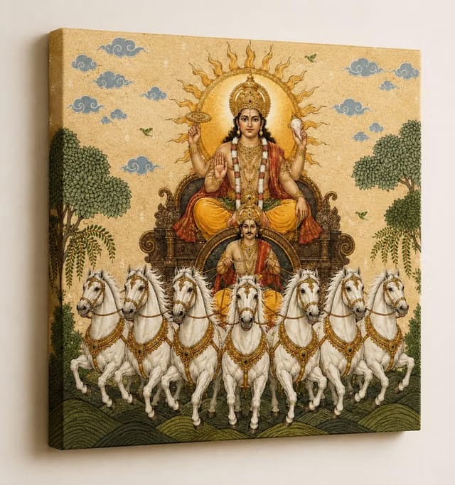 KunjCart Madhubani Surya Dev Painting with Seven Horses