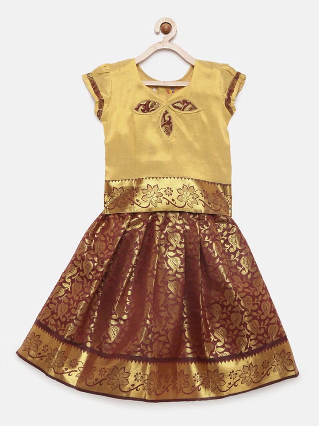Girls Yellow & Red Ready to Wear Pattu Pavadai