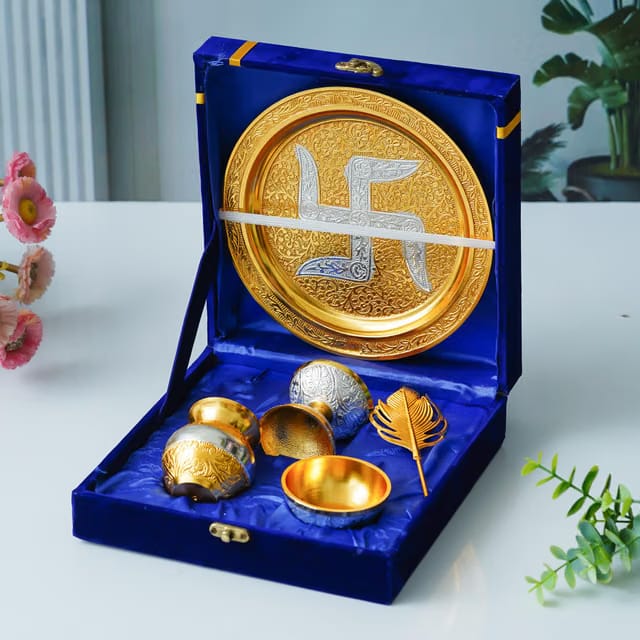 Webelkart Silver Plated Swastik Pooja Thali Set with Velvet Box for Diwali Poojan/Pooja Room/Diwali Gifting