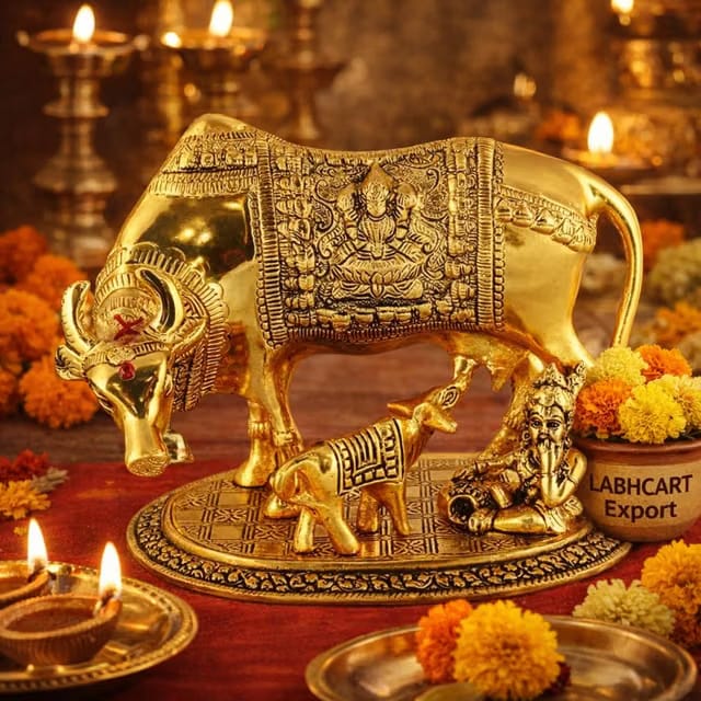 Sheela Handcrafted Brass Golden Kamdhenu Cow with Calf, Vastu Gau MATA Idol