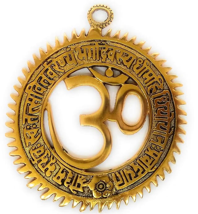Hand Crafted Metal Brass Wall Hanging Om With Gayatri Mantra,Decorative Brass Om Religious Wall Hanging, 6 Inch