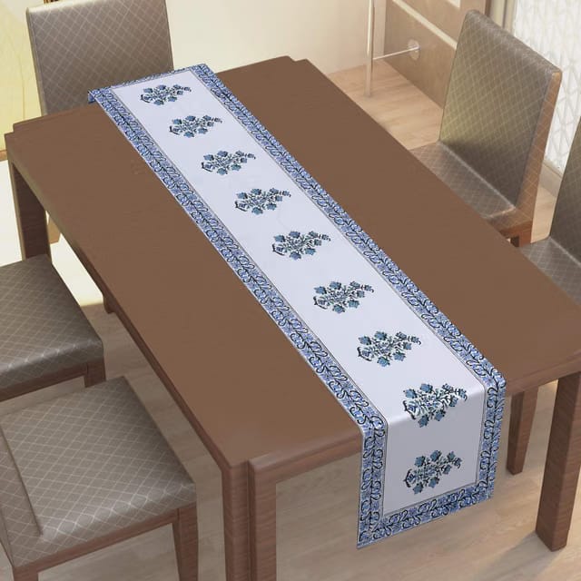 TEXSTYLERS Canvas Block Printed Jaipuri(Rajasthani) Pattern Table Runner (Blue White, 16x72 Inch)