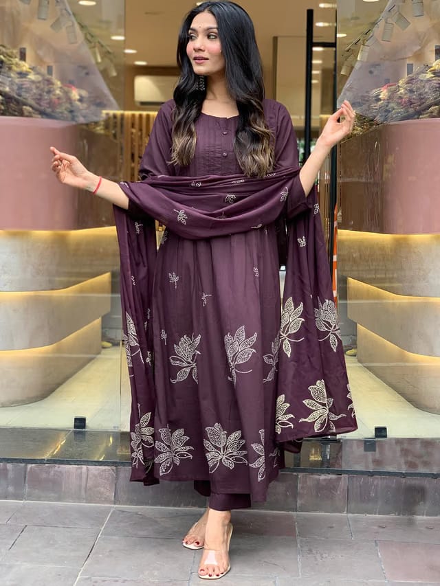 Floral Printed Round Neck Anarkali Kurta With Trousers & Dupatta