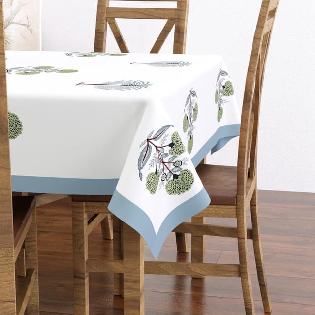 Hand Block/Batik Print Rectangular Table Cloth for 6 Seater Dining Table (60 Inch X 90 Inch)(Open Grey Motifs)