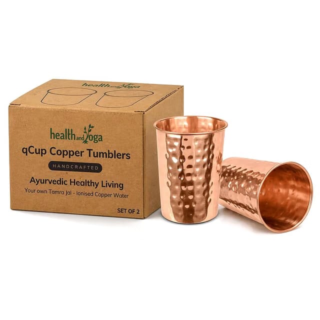 HealthAndYoga® qCup Hammered Pure Copper Glasses- 250 ml - For Purified Ayurvedic Anti-oxidant Tamra Water – Boosts