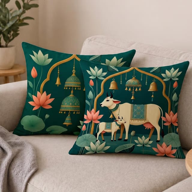 STITCHNEST Satin Cushion Covers Green Ethnic Print with Cow, Lotus & Bell Art, 16x16 Inch