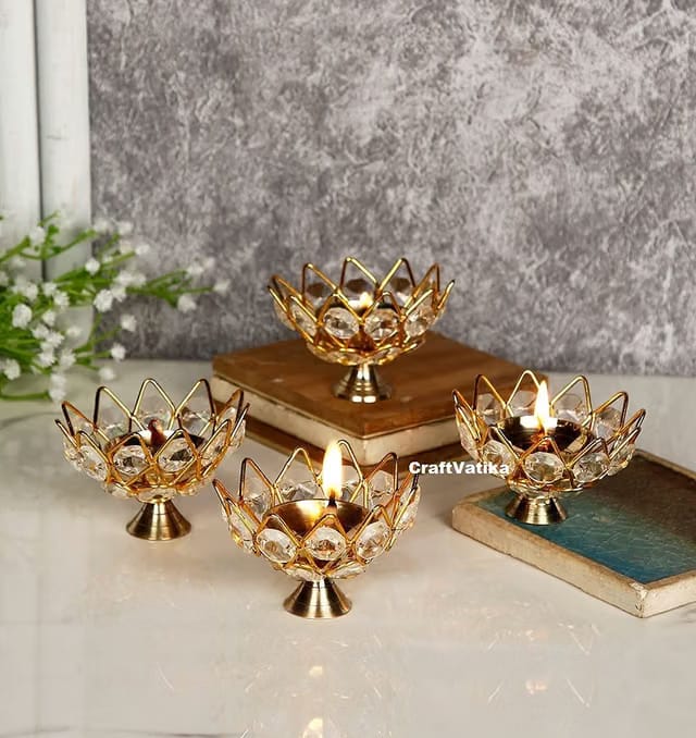 Collectible India Diwali Diya Crystal Round Akhand Diya for Puja Brass Small Kamal Deep Jyoti Oil Lamp for Home Temple