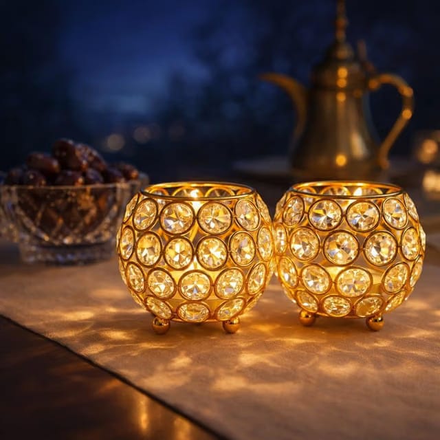 CentraLit Pack of 2 Tea Light Crsytal Candle Holder - Pooja Diya Decoreation Items for Home Diwali Brass Puja Item
