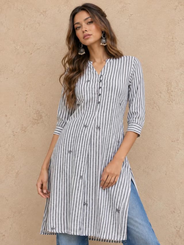 fusion by glitchez Striped Thread Work Straight Kurta