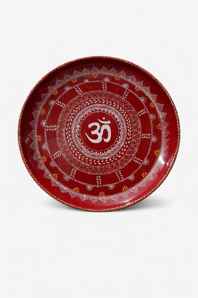 Handmade Red Om Decorative Pooja thali |Handmade Aipan Art Pooja thali