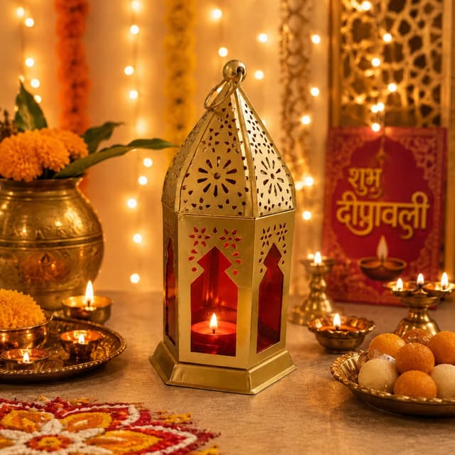 Pure Source India Moroccan Style Metal Lantern Candle Holder with Red Glass Panels