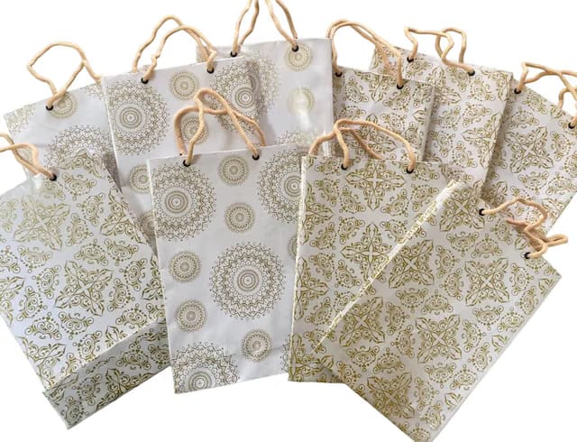Creative Art White & Gold Paper Gift Bags Rectangle – Strong Kraft Paper, Elegant Design, Reusable & Recyclable