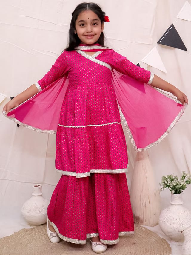 Girls Floral Printed Regular Anarkali Kurta with Sharara & Dupatta