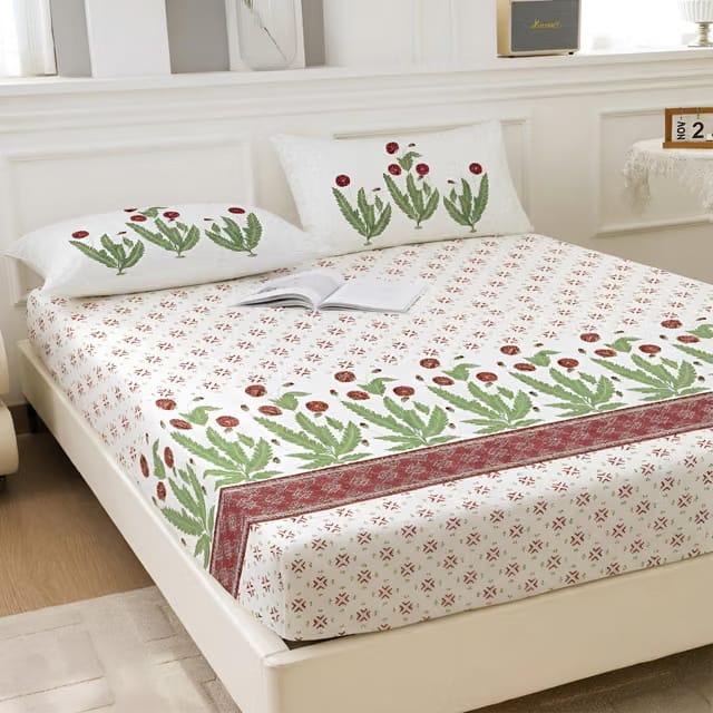 260 TC 100% Cotton Cal King Size Bedsheet, White & Brick Red