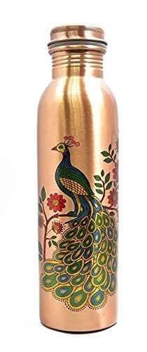 Peacock Printed Lacquer Coated Pure Copper Water Bottle for Daily Drinking Ayurveda Yoga Inspired Leak Proof Reusable