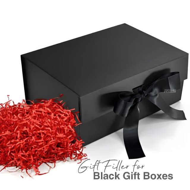 RBS® - Black Gift Box with Red Filler 23x16x10cm Empty Hamper Box for Gifting Holds Upto 5kg Sturdy Cardboard Gift Boxes