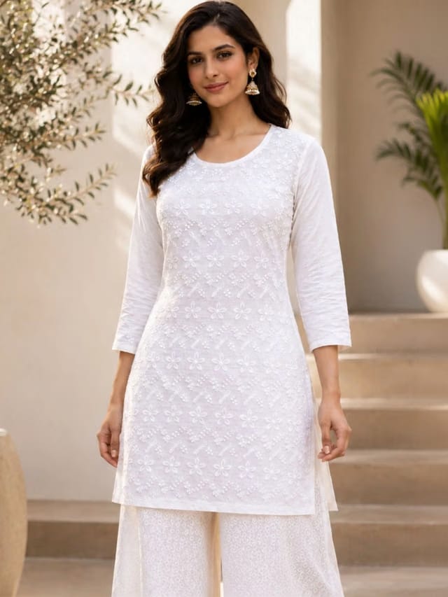 Miaz Lifestyle Women Floral Embroidered Chikankari White Romance Handloom Kurta