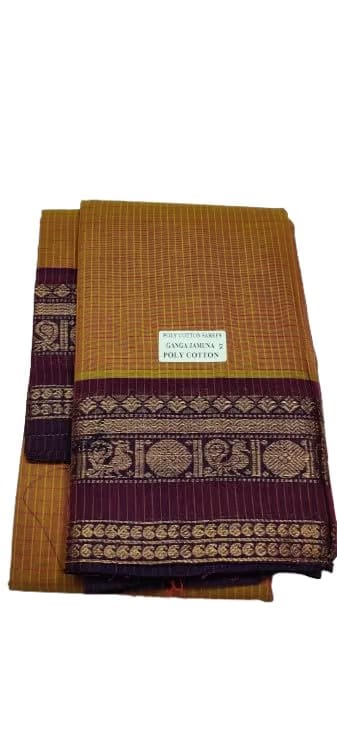 Mustard Brown Color Chettinad Checked PoliCotton Traditional Jari Ganga Yamuna Border Festival Special Saree Amri