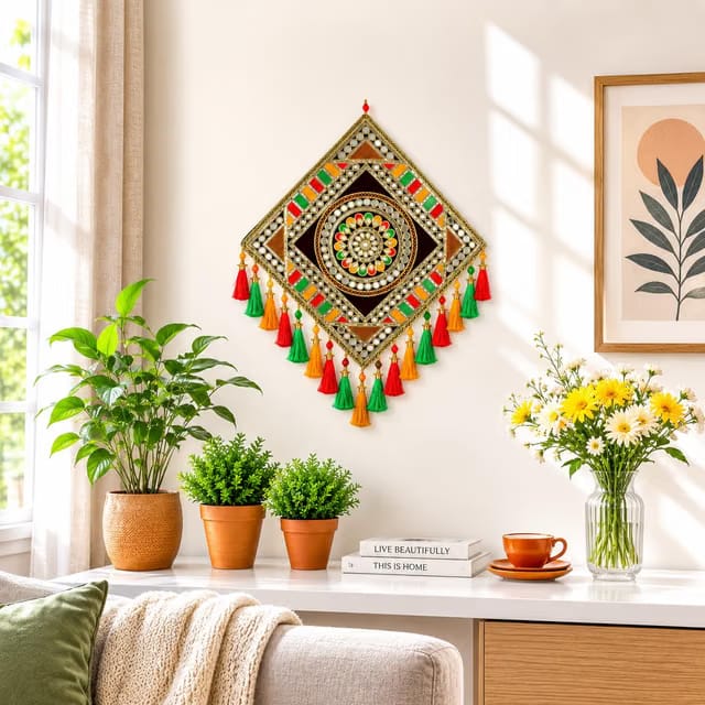 Handcrafted Ethnic Wall Hanging for Home Decor, Traditional Mirror Work Wall Decor with Colorful Tassels, 23 x 18 Inch
