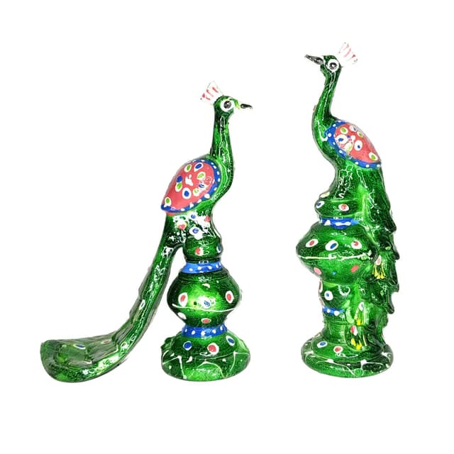 Green Decorative Peacock Figurines, Traditional Indian Style Home Decor Showpiece with Blue and Red Accents, Set of 2