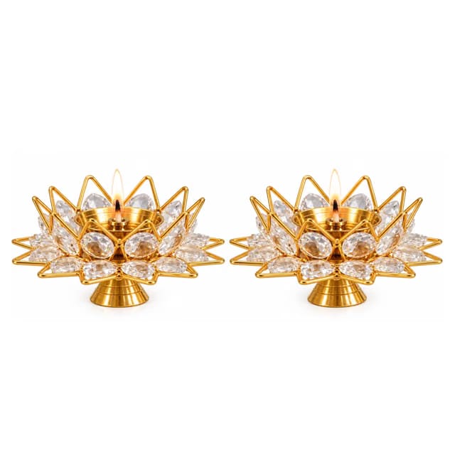 Premium Crystal Brass Lotus Diya (Set of 2)