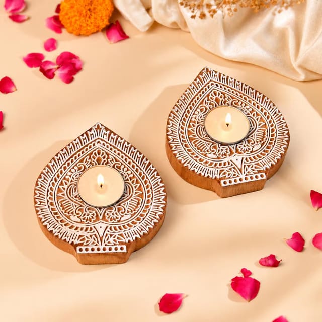 Craftam Wooden Tea Light Candle Holders, Floral Diya Stand (Set of 2)