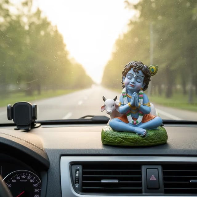 Krishna Laddu Gopal Murti with Cow for Car Dashboard, Home Temple & Office Desk Decor