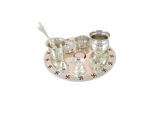 GoldGiftIdeas 9 Inch Silver Plated Shubham Pooja Thali Set, Diwali Pooja Thali Set, Decorative with Laxmi Ganesh Coin