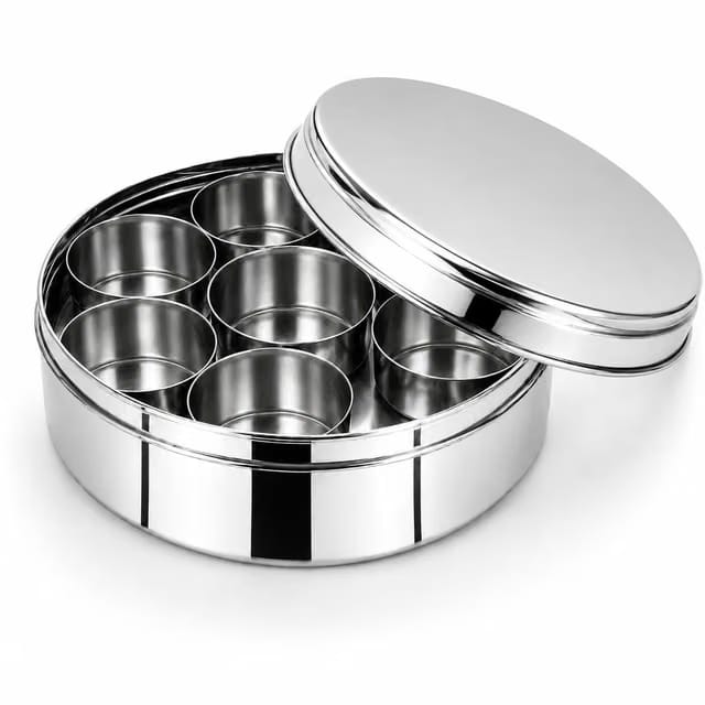 Stainless Steel Masala Dabba 7-in-1, 1250ml Large Masala Container with Steel Lid & Spoon