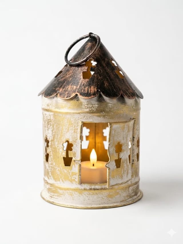 Vintage Metal Lantern Tealight Candle Holder – 18cm Distressed Gold & Black Decorative Hanging Candle Taper Lantern with